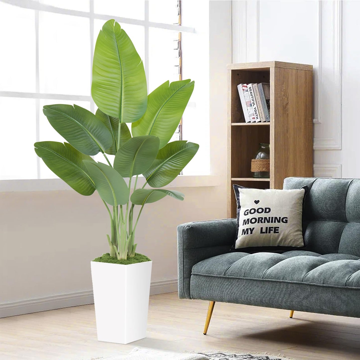 Artificial Bird of Paradise Plant 5ft – Faux Banana Leaf Tree with White Tall Planter for Indoor Home and Office Decor