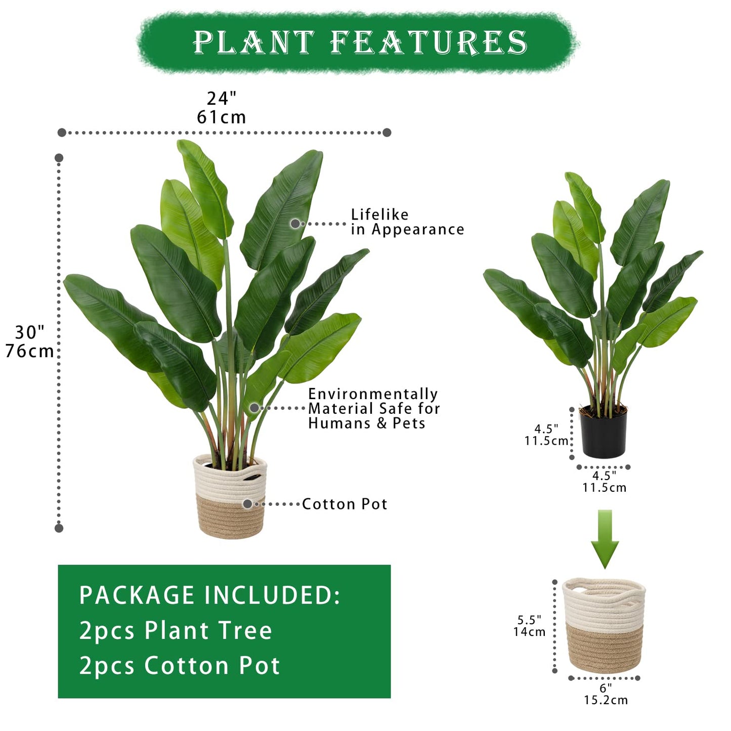 Hollyone 2-Pack 30'' Artificial Bird of Paradise Plants in Pots – Faux Tropical Palm with Banana Leaves for Indoor and Outdoor Home or Garden Decor