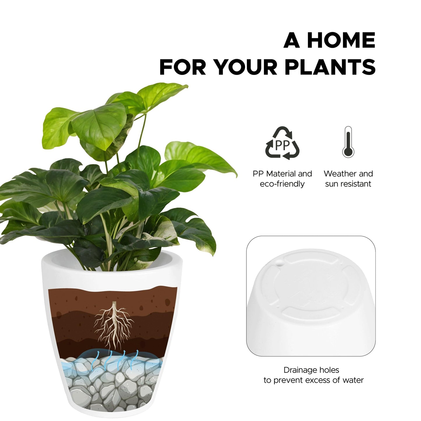 Elly Décor 12'' Large Round Plastic Planter with Drainage – Lightweight Indoor and Outdoor Pot, 12x12x7'', White