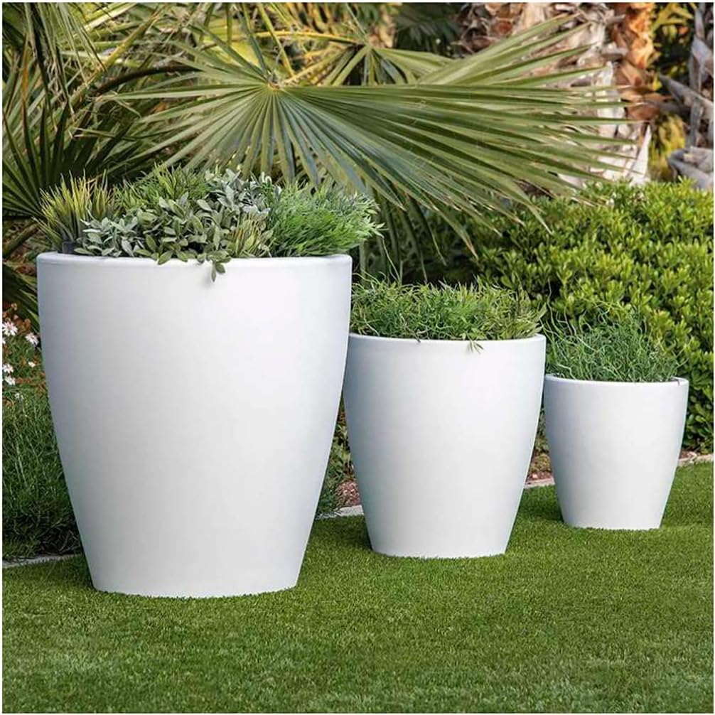 Elly Décor 12'' Large Round Plastic Planter with Drainage – Lightweight Indoor and Outdoor Pot, 12x12x7'', White