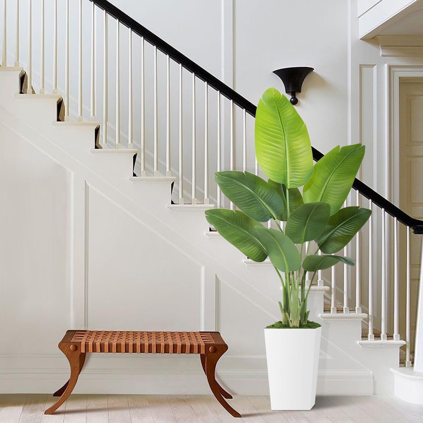 Artificial Bird of Paradise Plant 5ft – Faux Banana Leaf Tree with White Tall Planter for Indoor Home and Office Decor