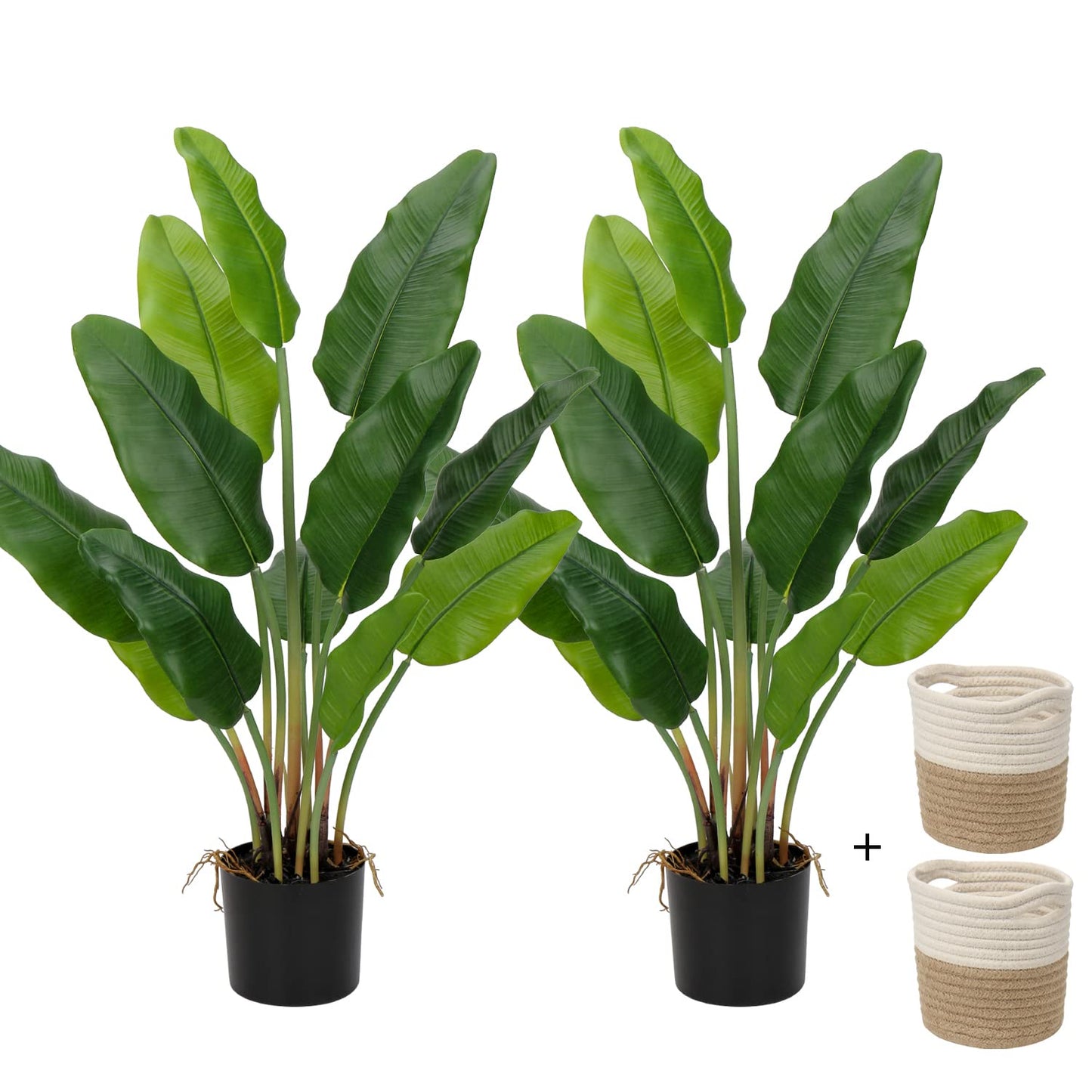 Hollyone 2-Pack 30'' Artificial Bird of Paradise Plants in Pots – Faux Tropical Palm with Banana Leaves for Indoor and Outdoor Home or Garden Decor