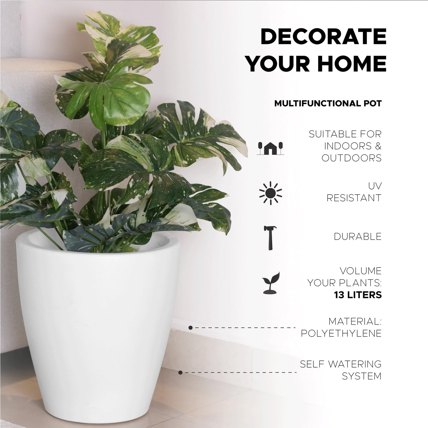 Elly Décor 12'' Large Round Plastic Planter with Drainage – Lightweight Indoor and Outdoor Pot, 12x12x7'', White