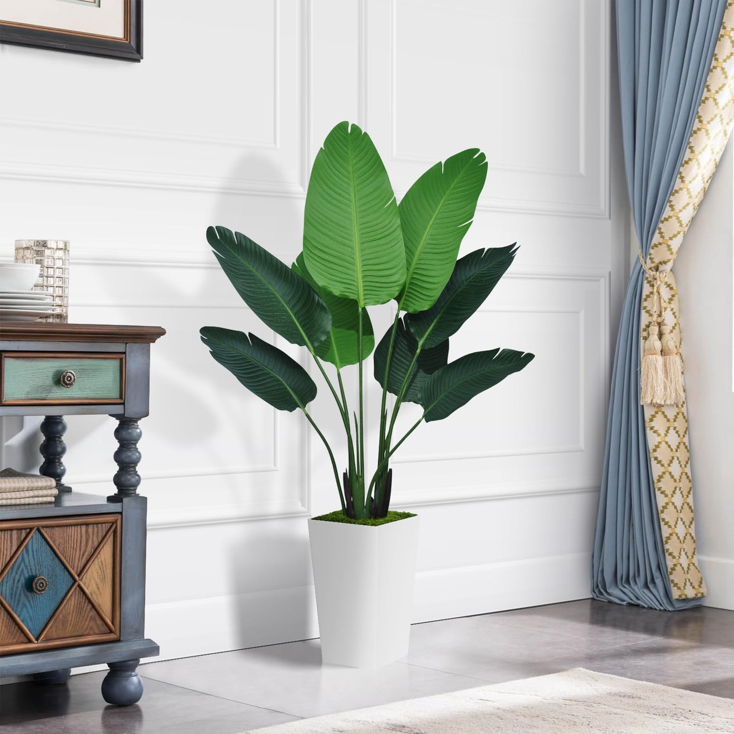 ASTIDY 5ft Artificial Bird of Paradise Plant – Faux Tropical Palm Tree with White Tall Planter for Indoor Home and Office Decor
