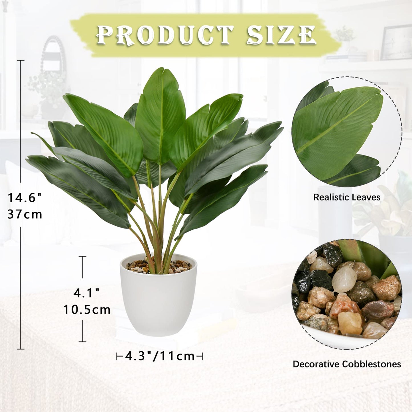 Artificial Bird of Paradise Plant in Pot – 15'' Faux Tropical Palm Banana Leaf for Indoor or Outdoor Decoration