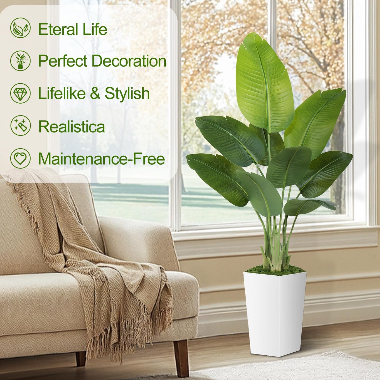 Artificial Bird of Paradise Plant 5ft – Faux Banana Leaf Tree with White Tall Planter for Indoor Home and Office Decor
