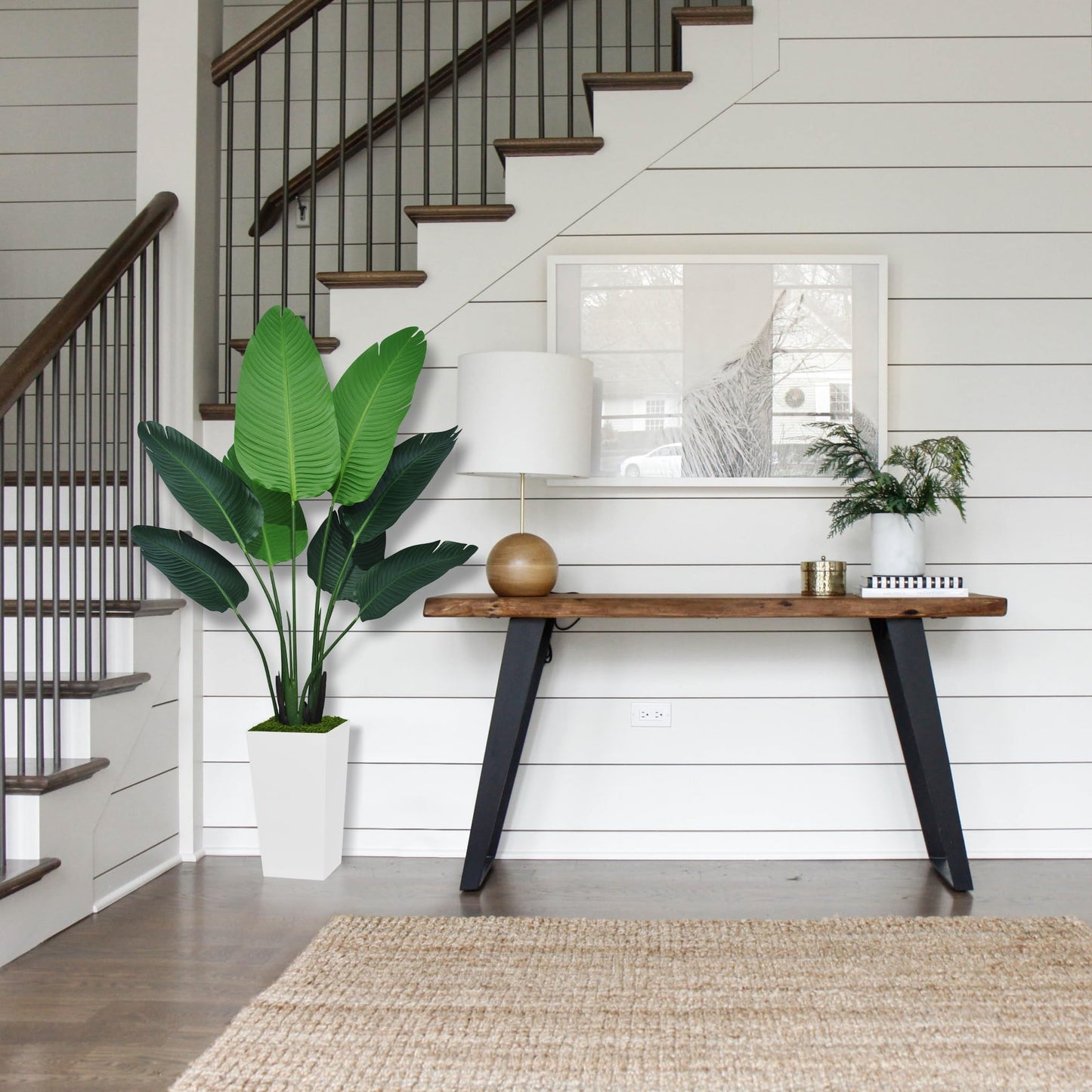 ASTIDY 5ft Artificial Bird of Paradise Plant – Faux Tropical Palm Tree with White Tall Planter for Indoor Home and Office Decor