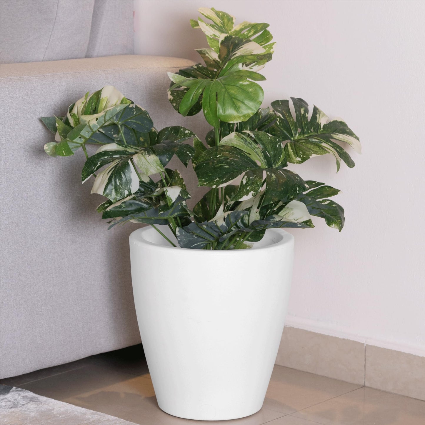 Elly Décor 12'' Large Round Plastic Planter with Drainage – Lightweight Indoor and Outdoor Pot, 12x12x7'', White