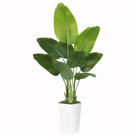 Artificial Bird of Paradise Plant 5ft – Faux Banana Leaf Tree with White Tall Planter for Indoor Home and Office Decor