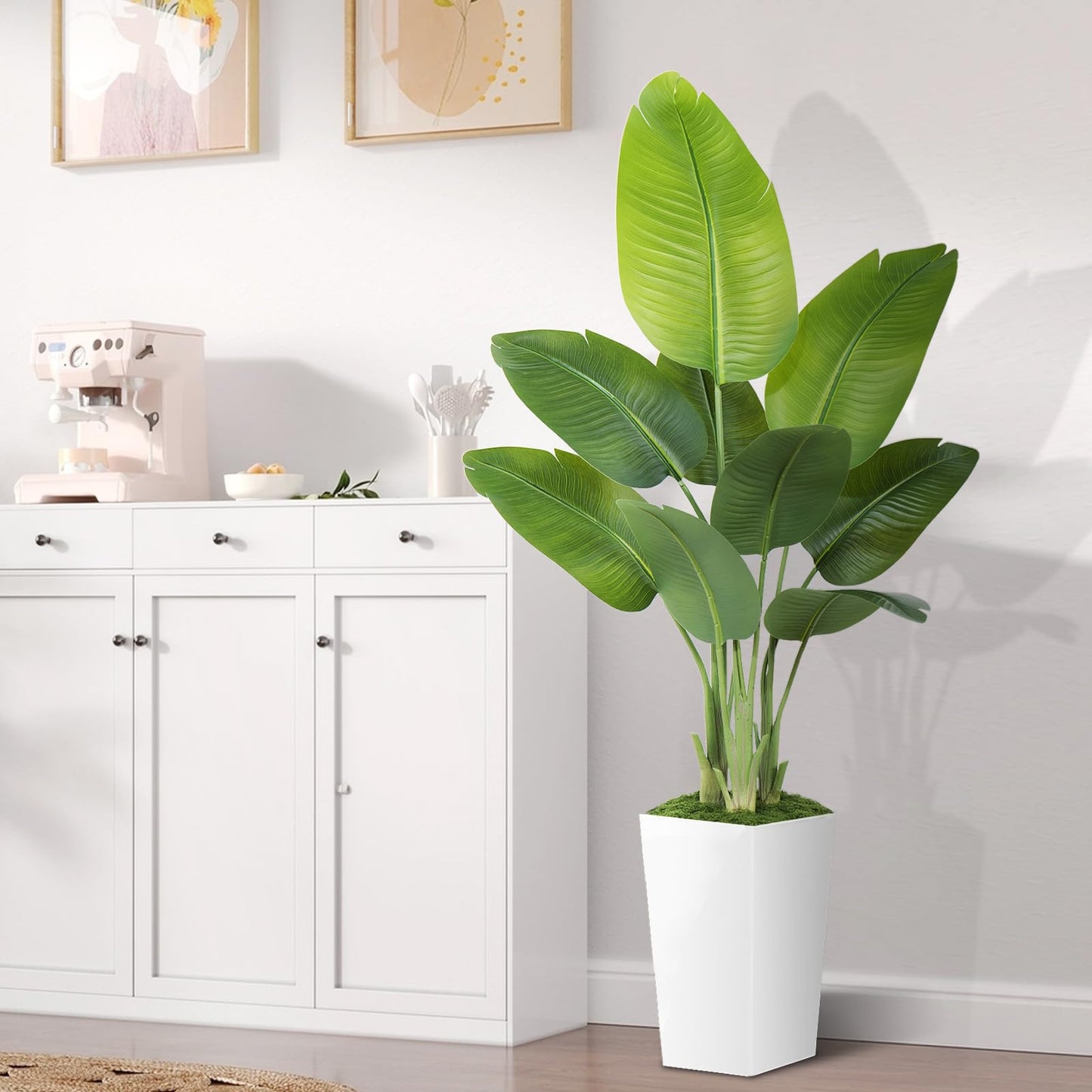Artificial Bird of Paradise Plant 5ft – Faux Banana Leaf Tree with White Tall Planter for Indoor Home and Office Decor