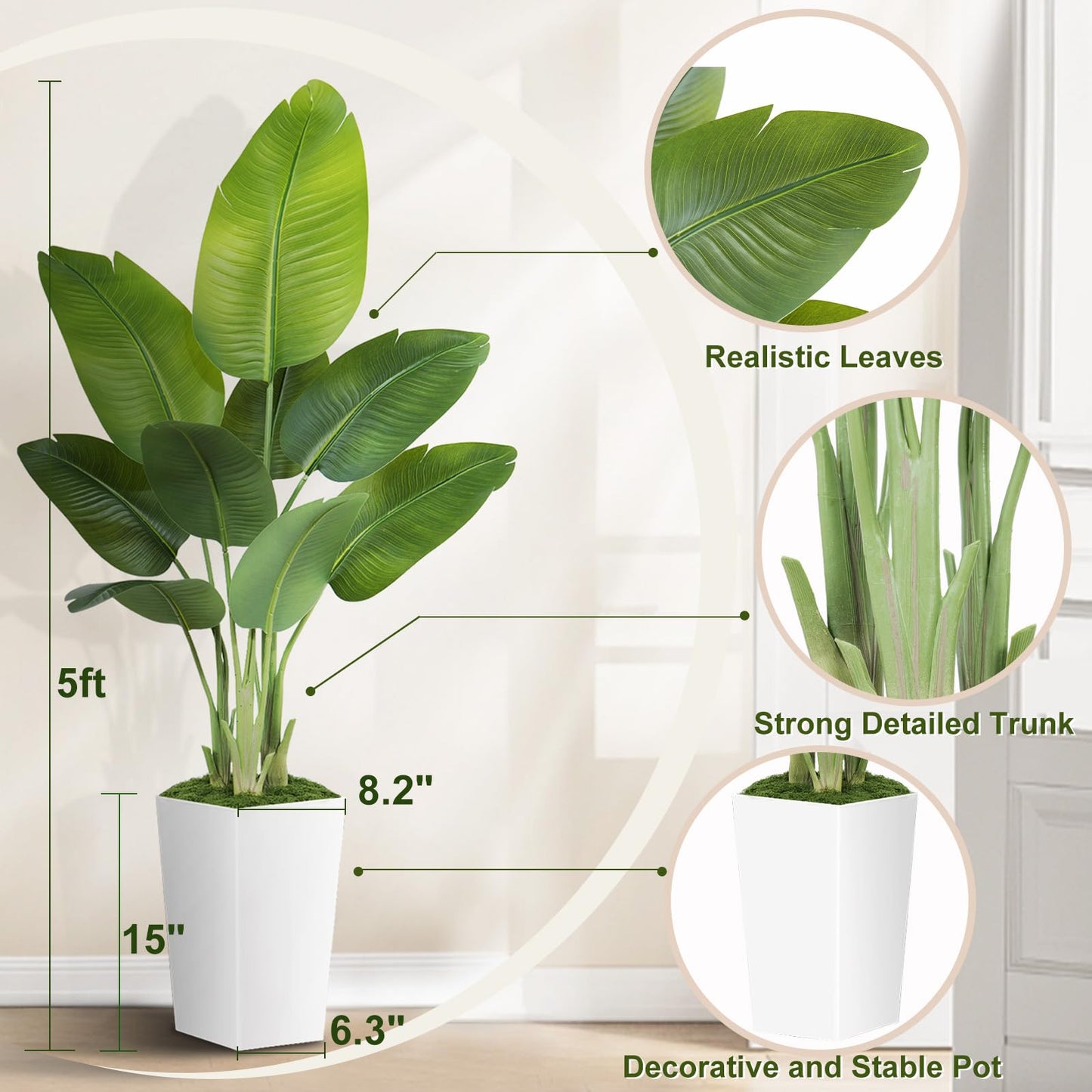 Artificial Bird of Paradise Plant 5ft – Faux Banana Leaf Tree with White Tall Planter for Indoor Home and Office Decor