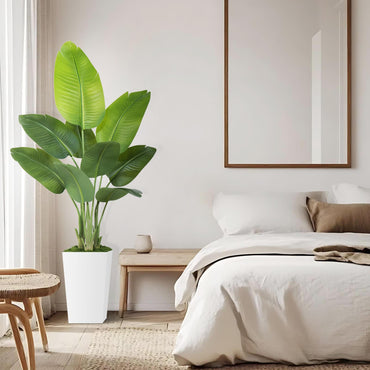 Artificial Bird of Paradise Plant 5ft – Faux Banana Leaf Tree with White Tall Planter for Indoor Home and Office Decor